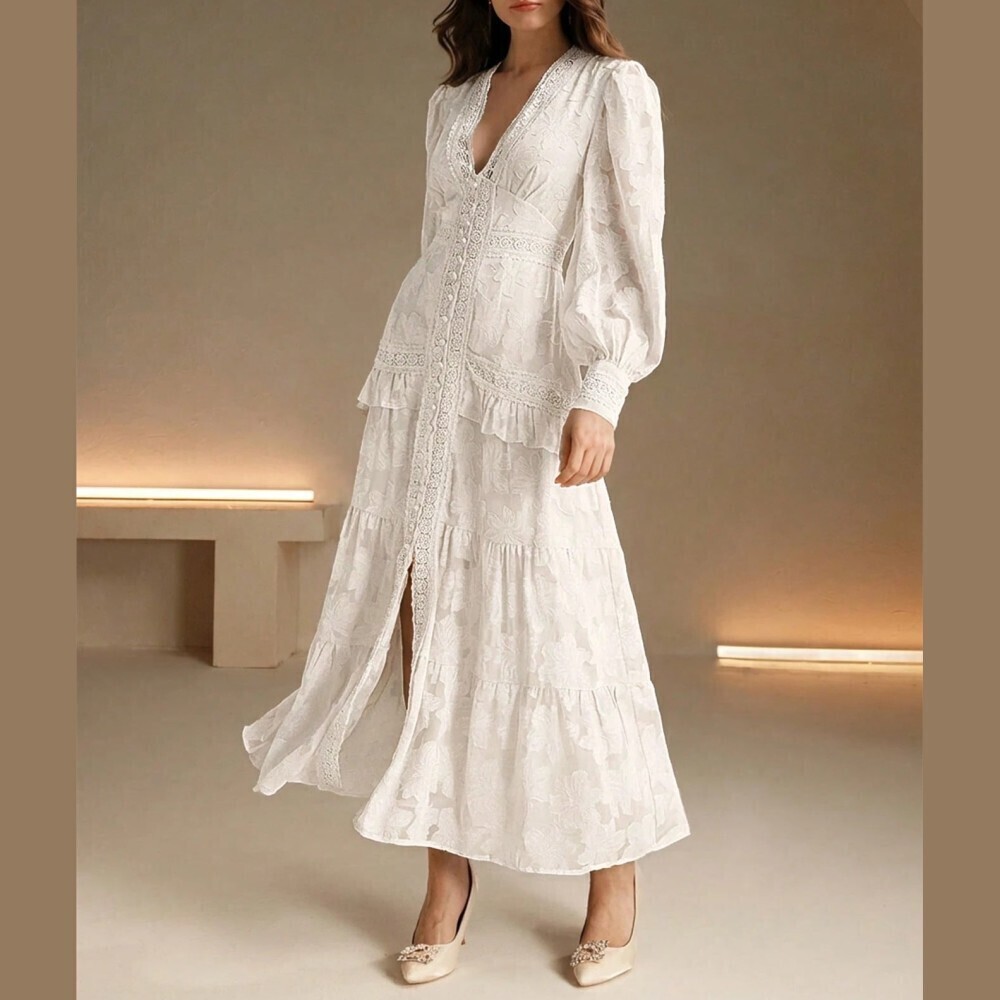 Cream Floral Jacquard Lace Trim V Neck Tiered Maxi Dress with Front Slit